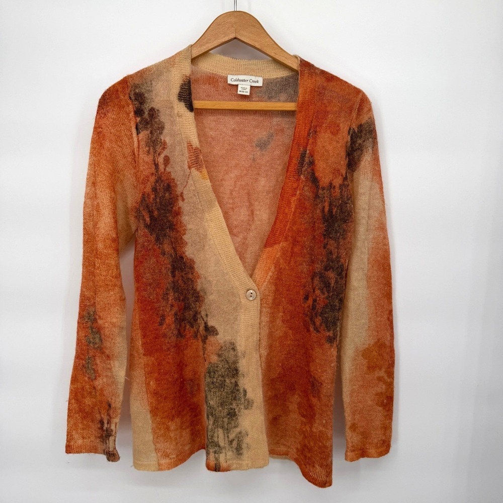 Coldwater Creek Cardigan Orange Abstract Mohair Wool Blend V-Neck Sweater‎ Sz MD